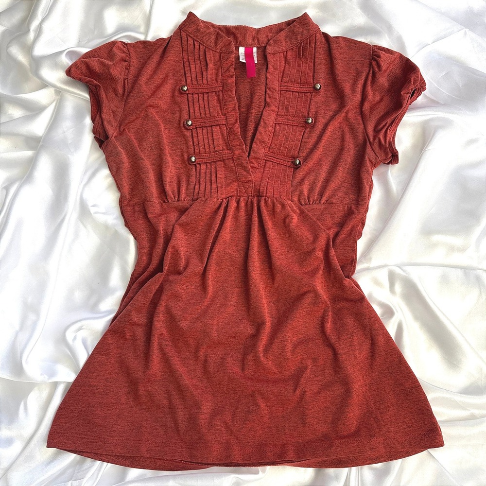 Womens Rust Red Military Style Babydoll Tunic Top Pleated Bib Short Sleeve